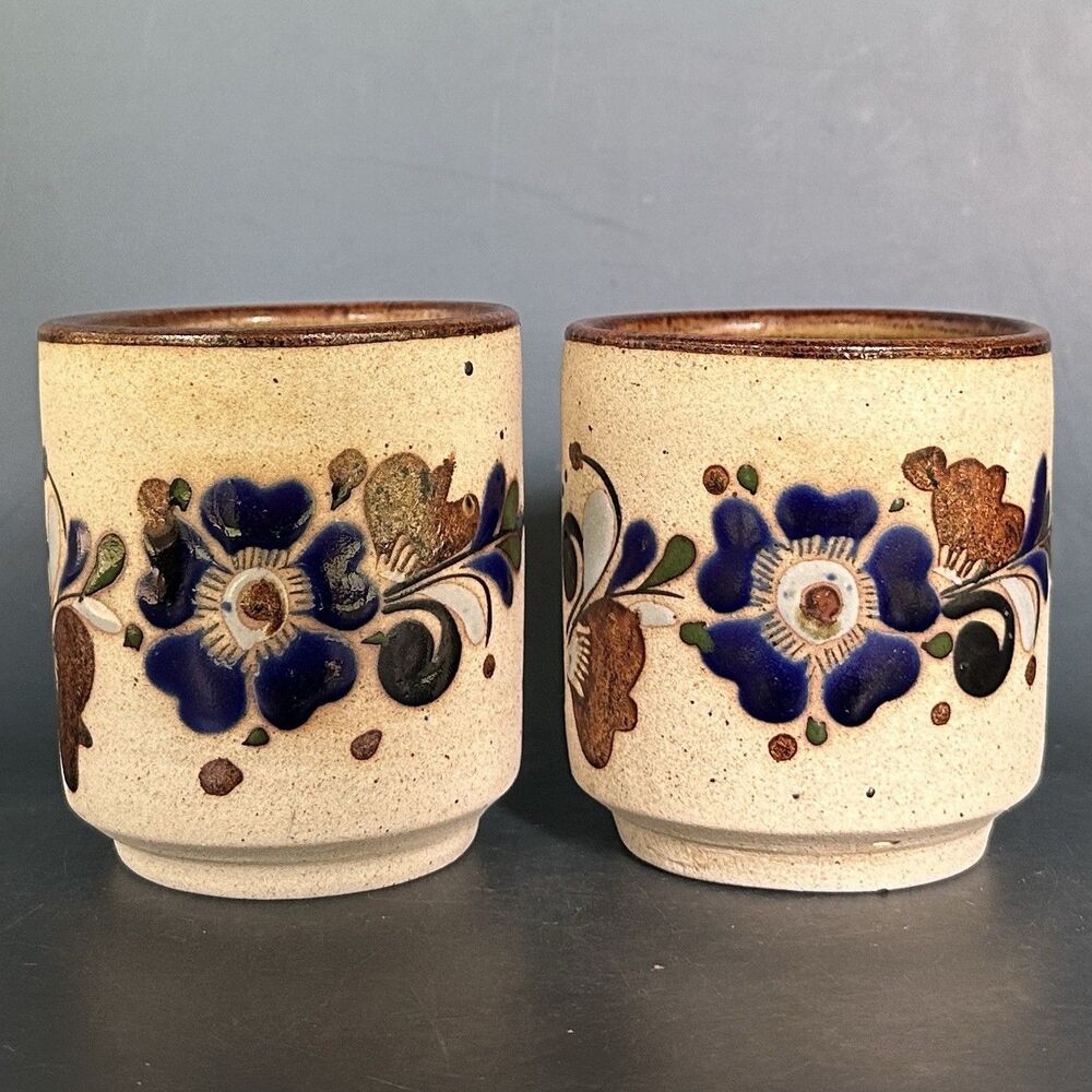 Vintage Mexican Pottery Mugs Set of 4 Tonala Style Hand Painted Stoneware Cups - Picture 9 of 16